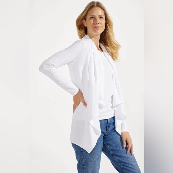 Dkny Minimalist White Cotton Cardigan Sweater with Waterfall Front Size L/XL - Picture 2 of 8